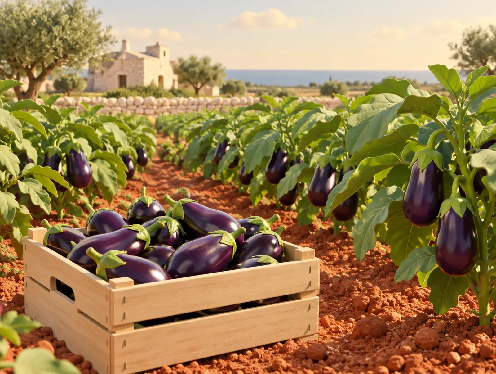 Illustrazione di piante di melanzana in campo e di una cassa di melanzane viola
