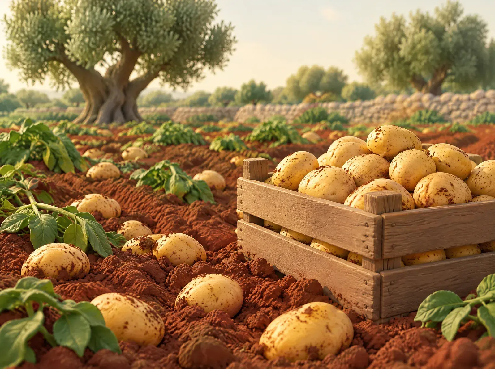 Illustrazione di patate novelle appena raccolte su terra rossa, con una cassa di legno