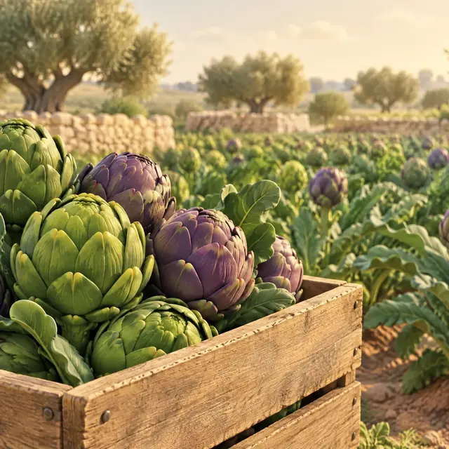 Cassa di carciofi verdi e violetti al bordo del campo